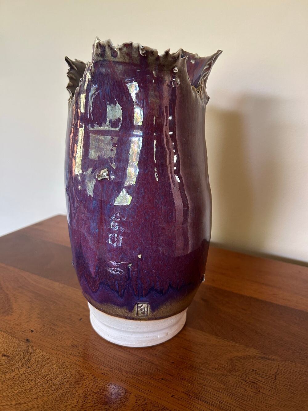 Vintage 1970s Studio Art Pottery Vase, Purple Drip Glaze, Ruffled Thorn Rim